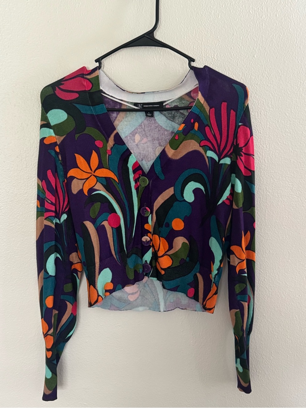 INC International Concepts Floral Cardigan Sweater Size Small Purple Multicolor